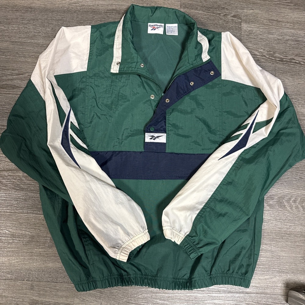 Vintage Reebok Windbreaker 1/2 Zip Pullover Color Block Jacket Navy Green M